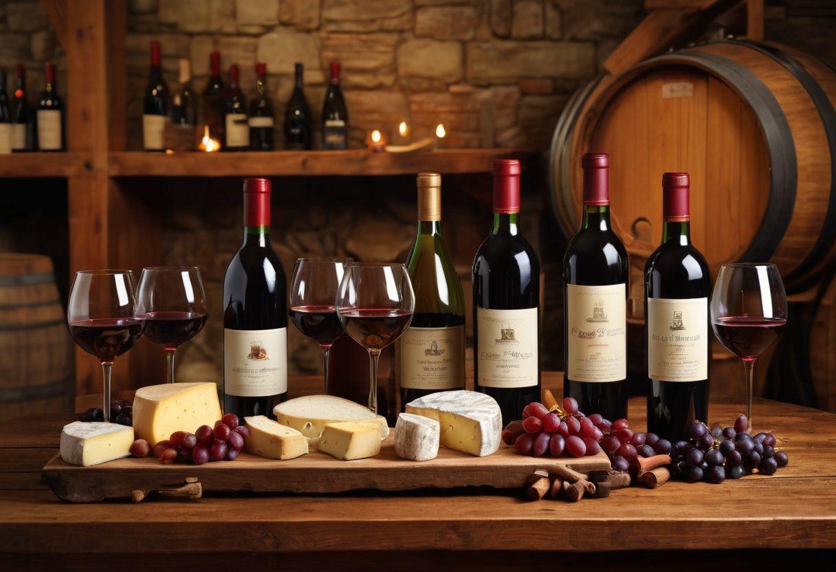 A beautifully arranged wooden table filled with an array of exquisite wine bottles, elegant glasses filled with rich red and white wines, and a backdrop of a rustic wine cellar showcasing wooden barrels and dim candlelight. Subtle hints of aged cheese and grapes enhance the atmosphere, inviting an appreciation for fine wines. warm and inviting tones. super-realistic. vibrant colors.