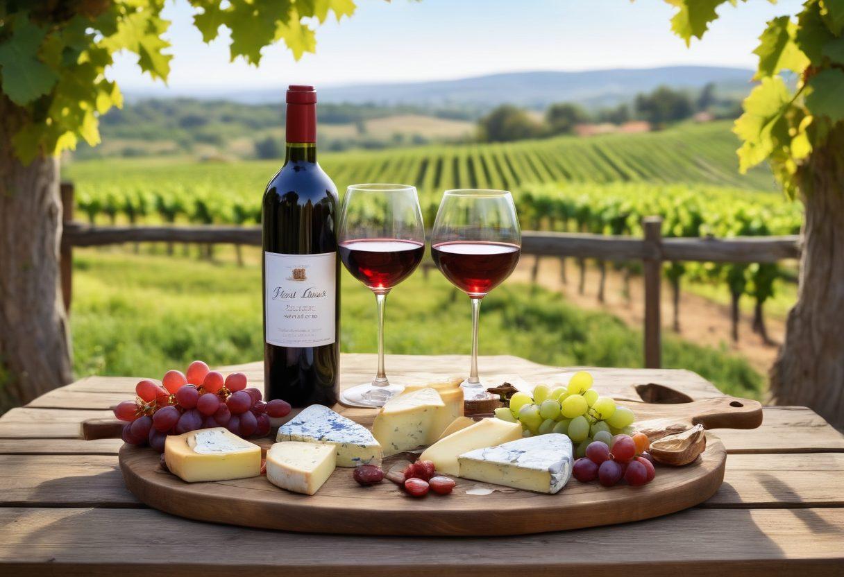 A rustic wooden table spread with an array of vibrant red and white wine bottles, each with unique labels. A cheerful adult couple toasting with elegantly filled glasses, surrounded by fresh grapes and cheese platters. Soft warm lighting casts a cozy ambiance, evoking a joyful celebration. Include a backdrop of a vineyard under a clear blue sky. super-realistic. vibrant colors. warm tones.