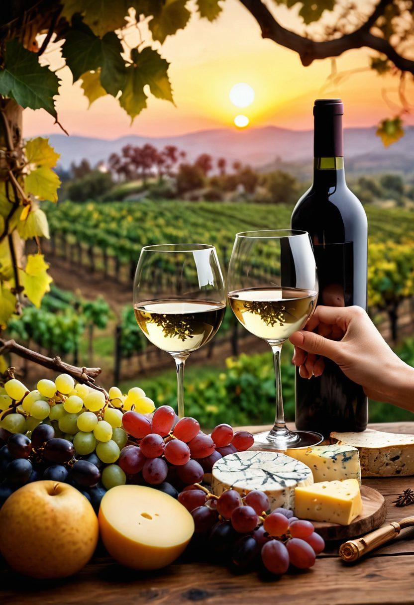 A cozy vineyard scene at sunset with lush grapevines in the background, a wooden table set with elegantly arranged wine glasses, assorted cheese, and fruits, a cheerful couple clinking their glasses in celebration, soft warm lighting. super-realistic. vibrant colors. 3D.